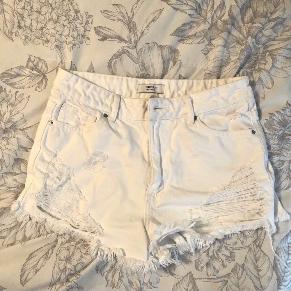 High Rise White Denim Ripped Shorts